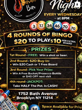 Paraíso Bar Bingo Night flyer — every Wednesday at 8PM